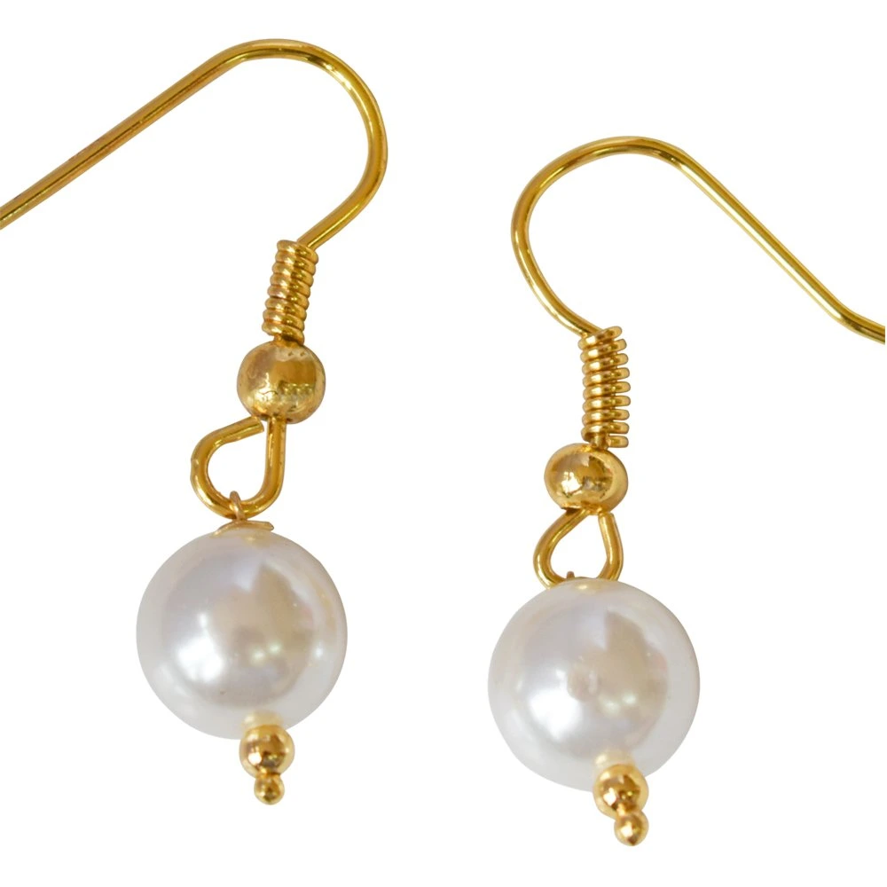 6 mm White Shell Pearl and Gold Plated Wire Hanging Earrings for Girls (SE260)