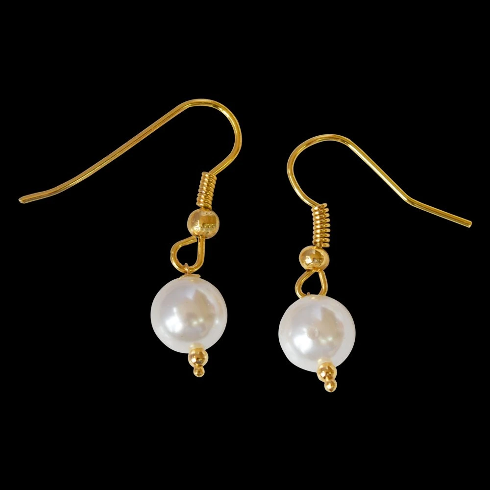 6 mm White Shell Pearl and Gold Plated Wire Hanging Earrings for Girls (SE260)