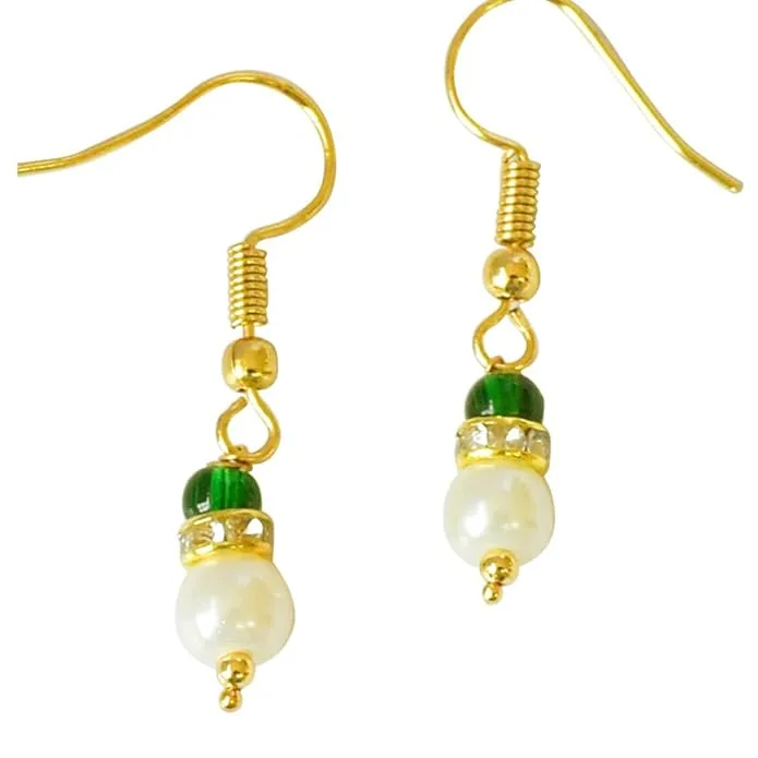 Green Stone, White Shell Pearl & Gold Plated Dangle & Drop Earrings (SE273)