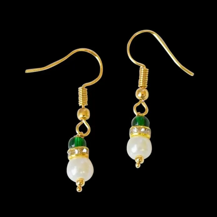 Green Stone, White Shell Pearl & Gold Plated Dangle & Drop Earrings (SE273)