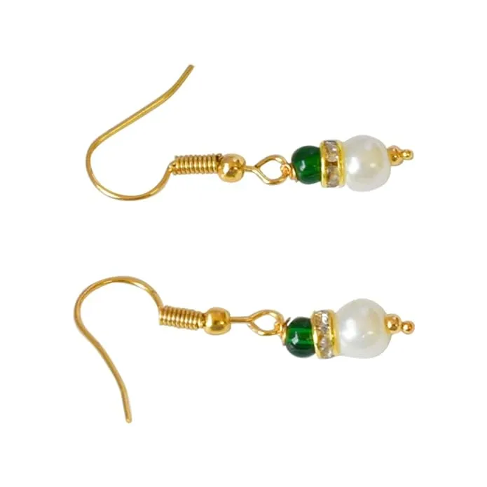 Green Stone, White Shell Pearl & Gold Plated Dangle & Drop Earrings (SE273)