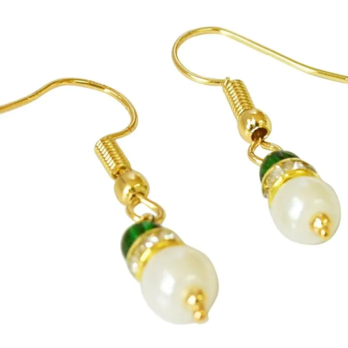 Green Stone, White Shell Pearl & Gold Plated Dangle & Drop Earrings (SE273)