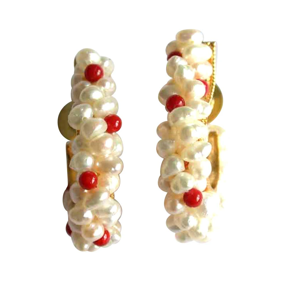 Charming Bali - Real Freshwater Pearl & Red Coral Twisted Bali Style Earrings for Women (SE28)