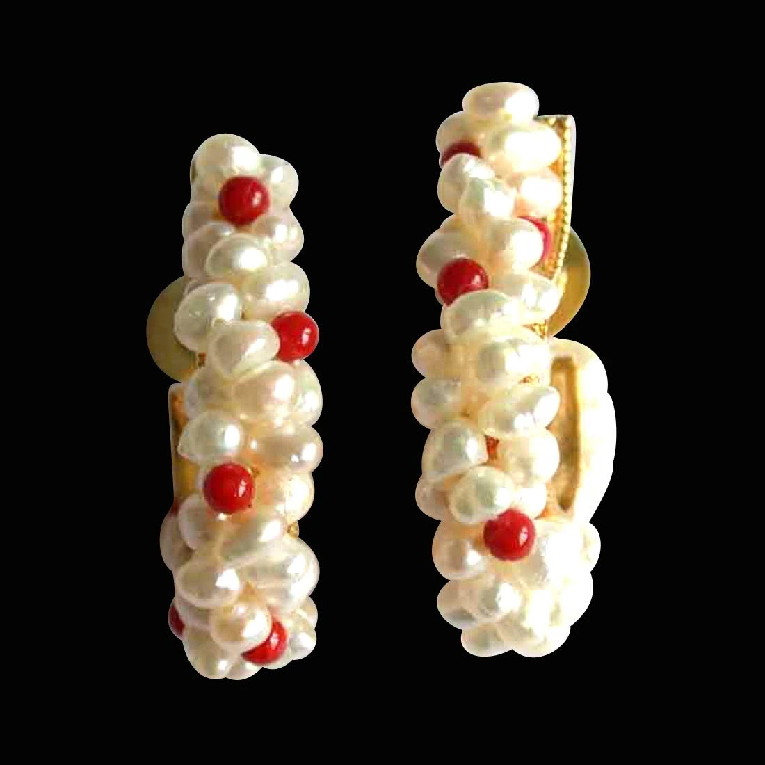 Charming Bali - Real Freshwater Pearl & Red Coral Twisted Bali Style Earrings for Women (SE28)