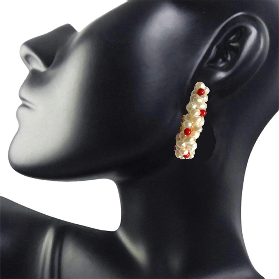 Charming Bali - Real Freshwater Pearl & Red Coral Twisted Bali Style Earrings for Women (SE28)