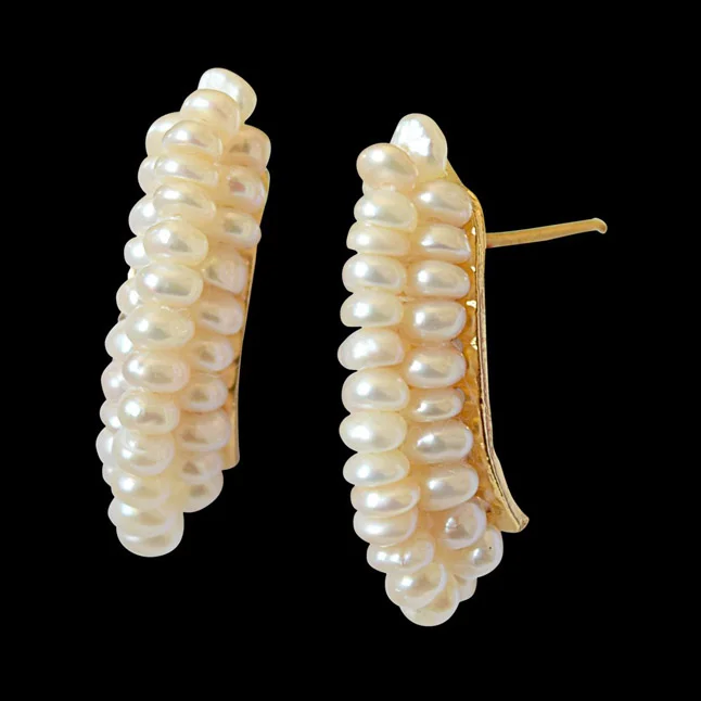 Off-White Freshwater Pearl and Gold Plated Bali Earrings for Women (SE311)