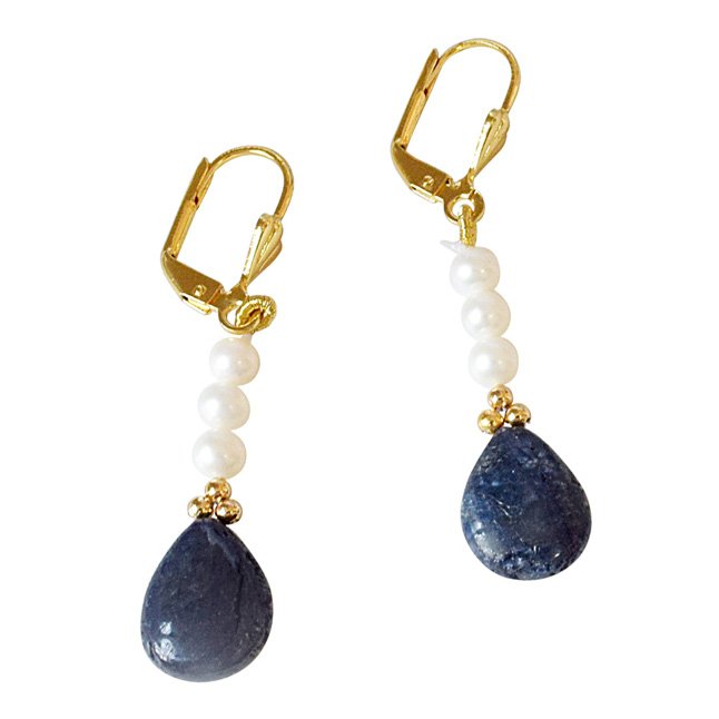 Real Drop Blue Sapphire, Freshwater Pearl and Gold Plated Flower Shaped Hanging Earrings for Women (SE323)