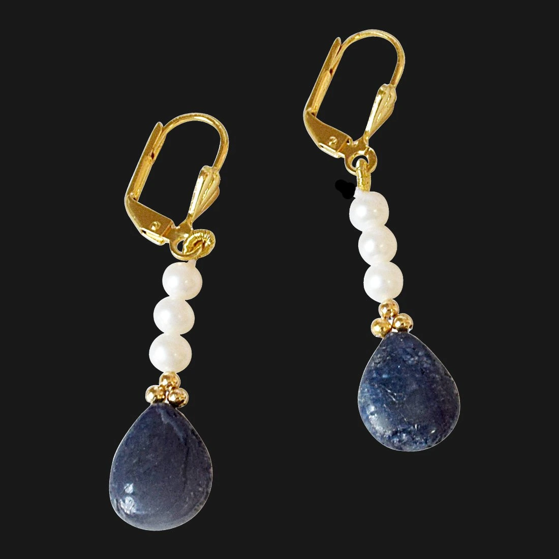 Real Drop Blue Sapphire, Freshwater Pearl and Gold Plated Flower Shaped Hanging Earrings for Women (SE323)