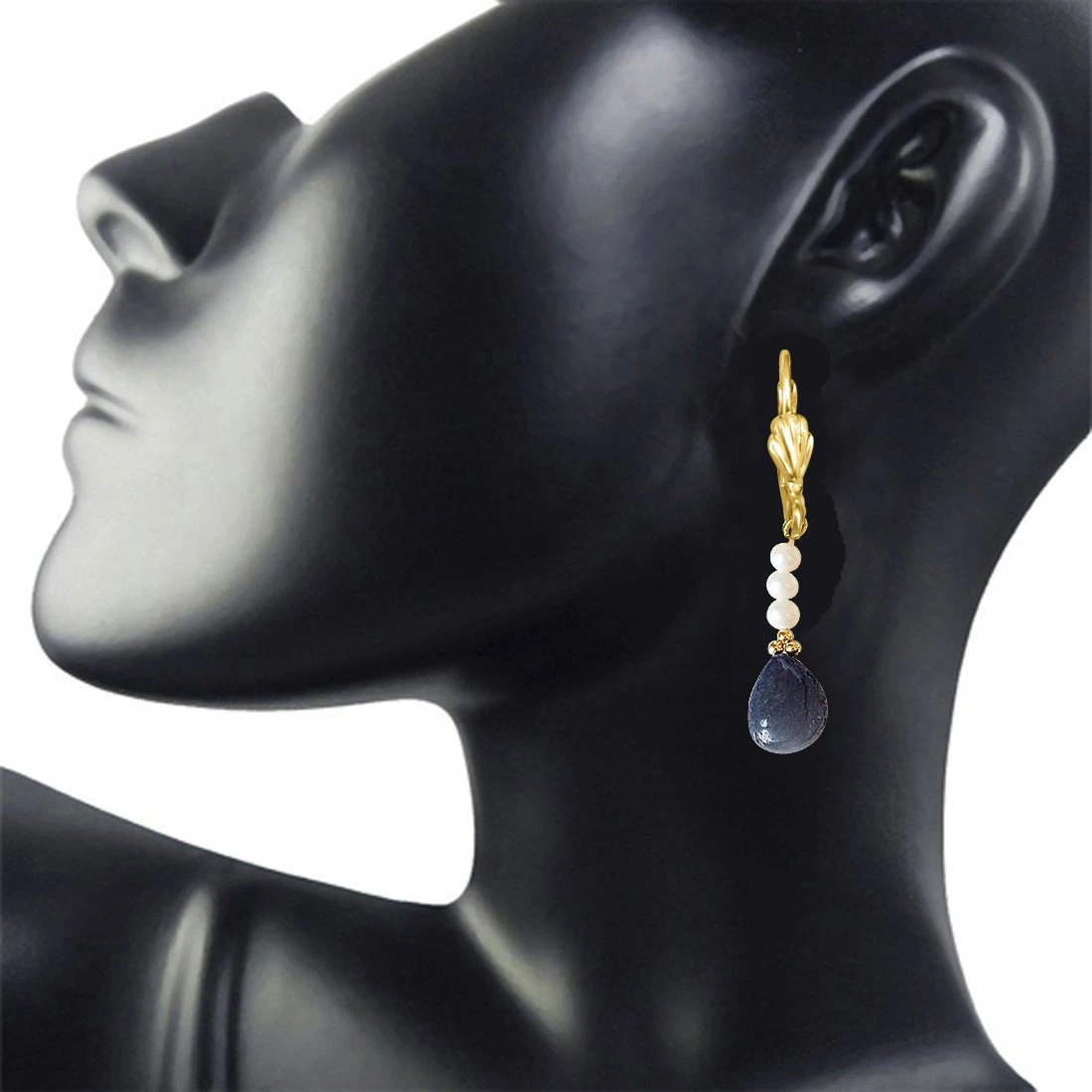 Real Drop Blue Sapphire, Freshwater Pearl and Gold Plated Flower Shaped Hanging Earrings for Women (SE323)