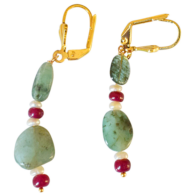 Real Oval Emerald, Ruby Beads and Freshwater Pearl Gold Plated Flower Shaped Hanging Earrings for Women (SE325)