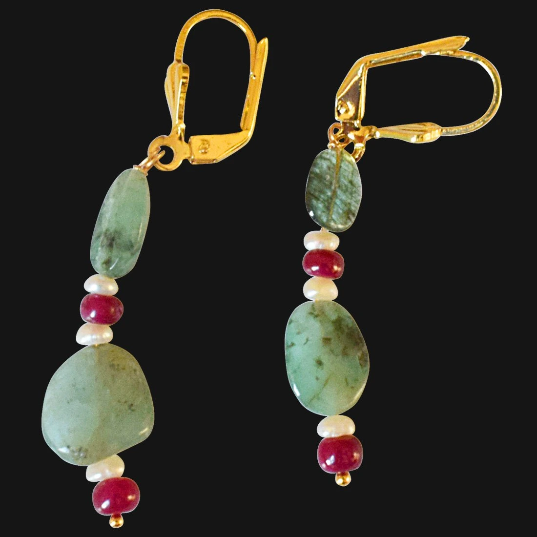 Real Oval Emerald, Ruby Beads and Freshwater Pearl Gold Plated Flower Shaped Hanging Earrings for Women (SE325)
