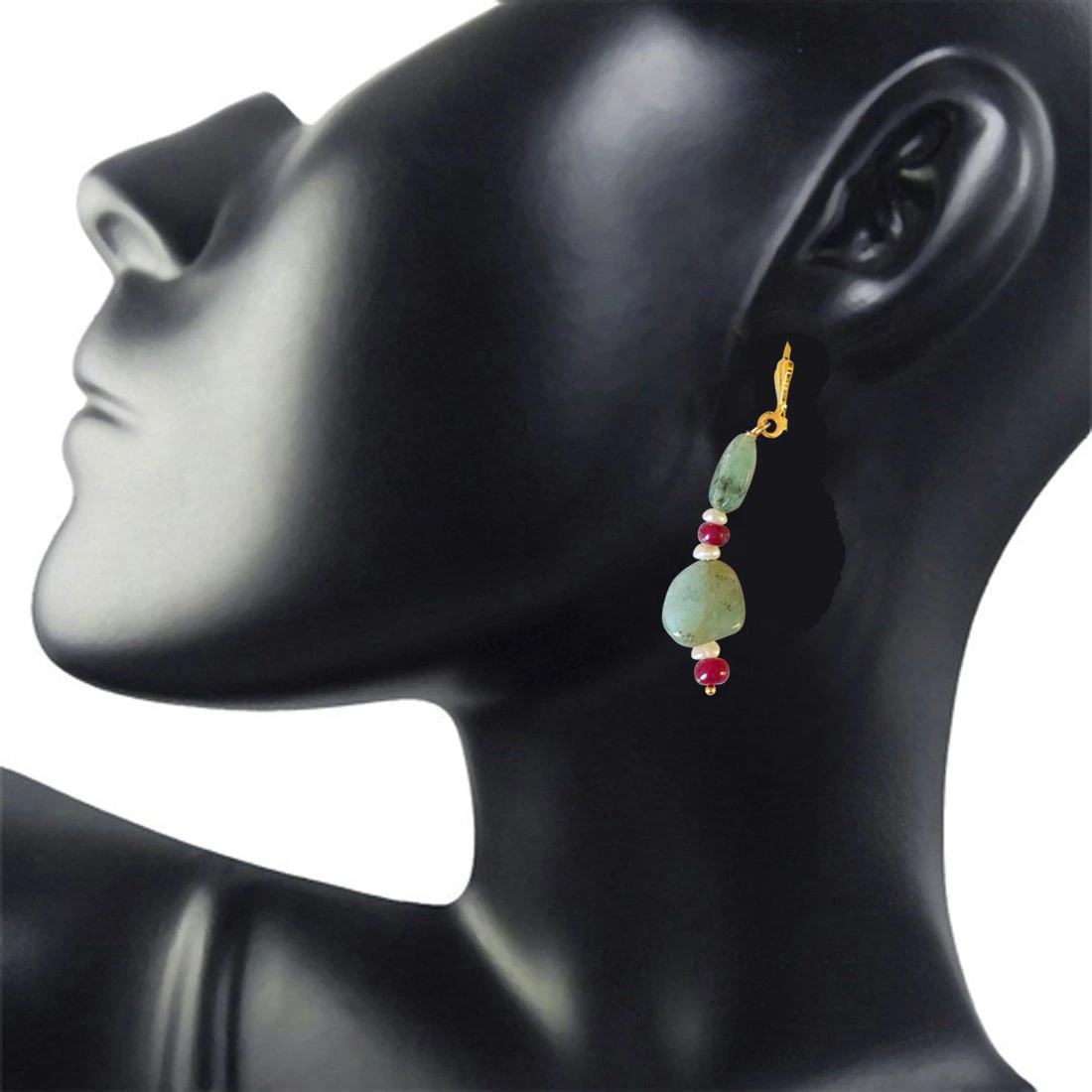 Real Oval Emerald, Ruby Beads and Freshwater Pearl Gold Plated Flower Shaped Hanging Earrings for Women (SE325)