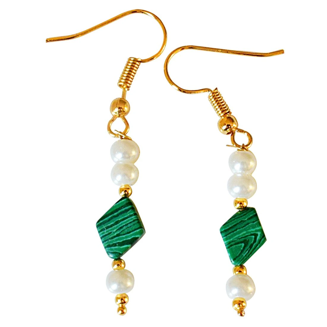 Kite Shaped Malachite and Shell Pearl Hanging Earrings (SE326)