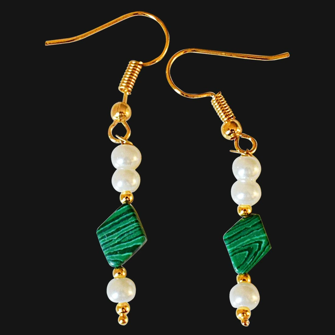 Kite Shaped Malachite and Shell Pearl Hanging Earrings (SE326)