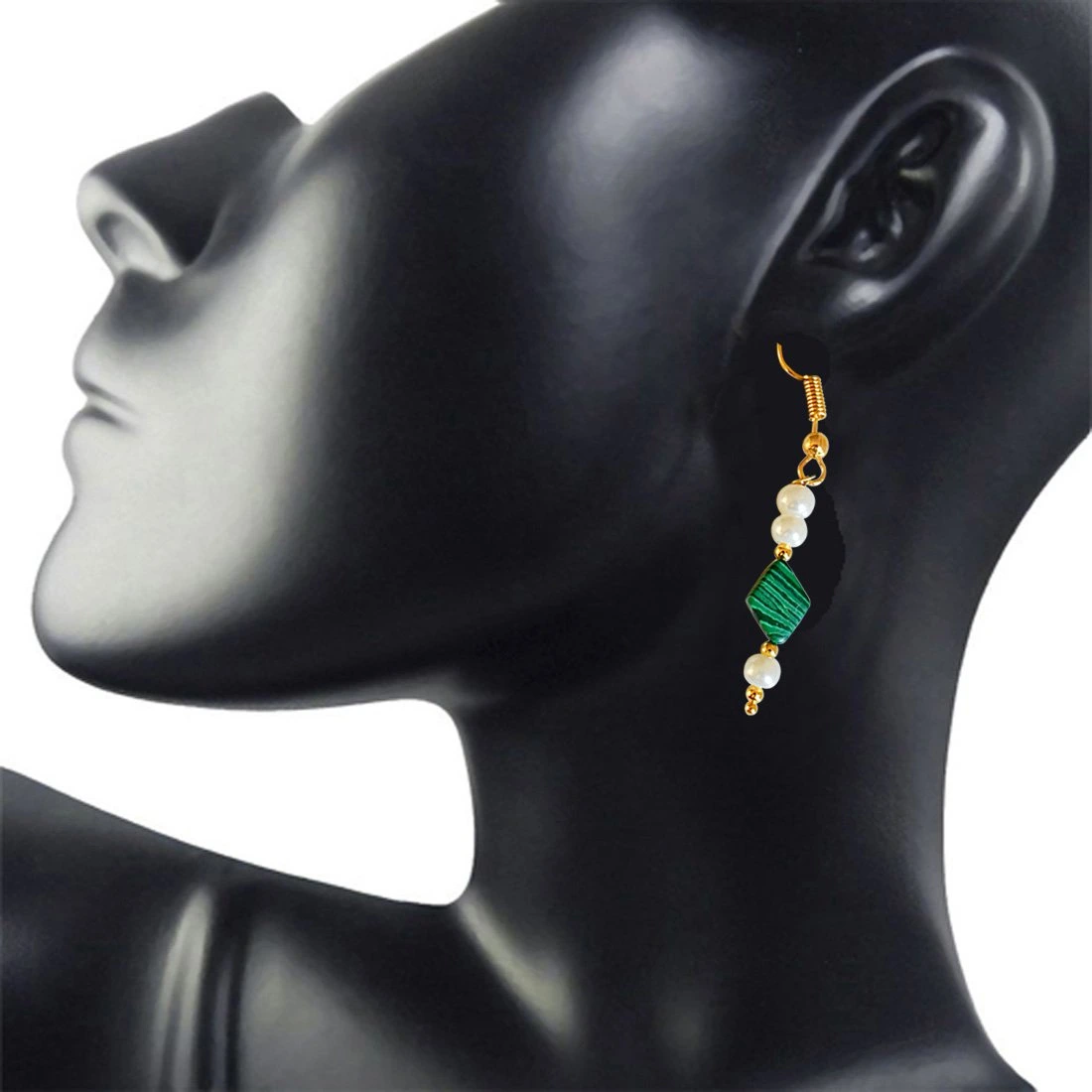 Kite Shaped Malachite and Shell Pearl Hanging Earrings (SE326)