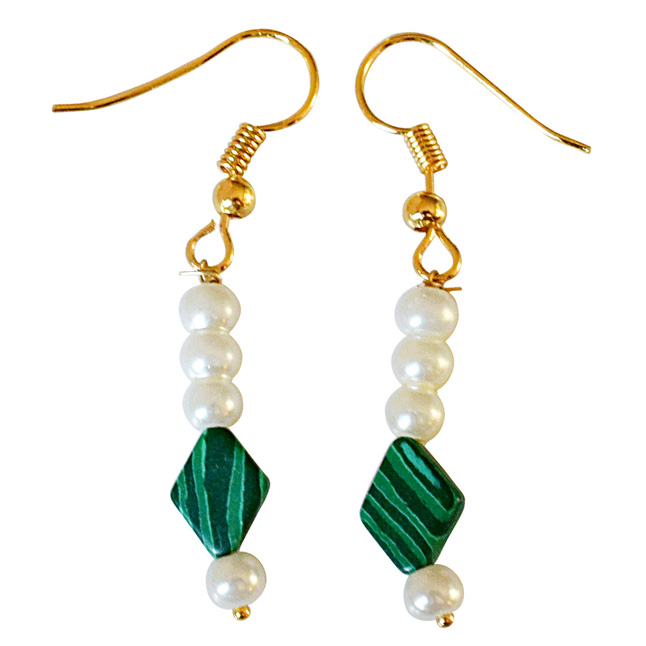 Kite Shaped Malachite and Shell Pearl Hanging Earrings (SE327)