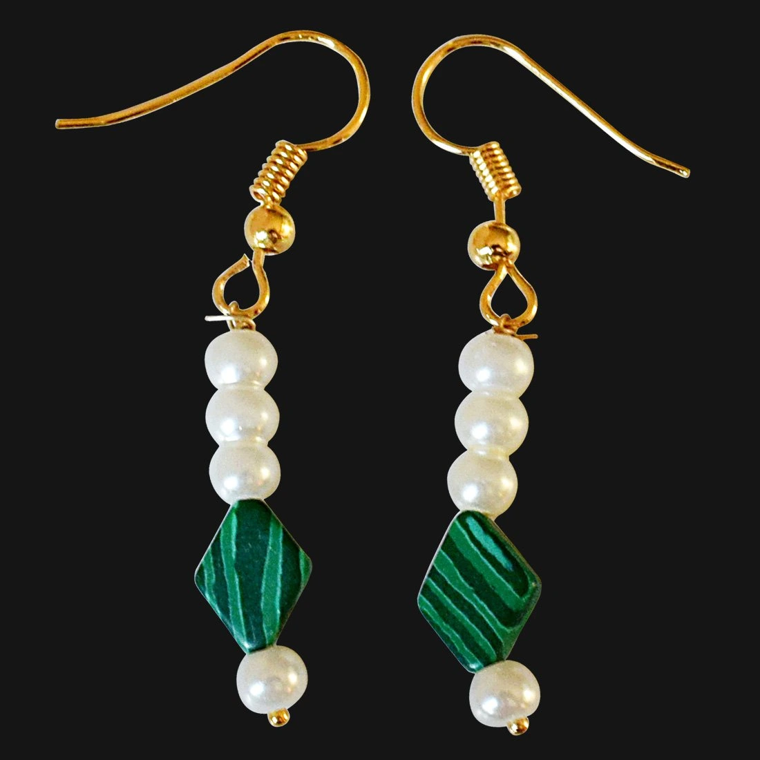 Kite Shaped Malachite and Shell Pearl Hanging Earrings (SE327)