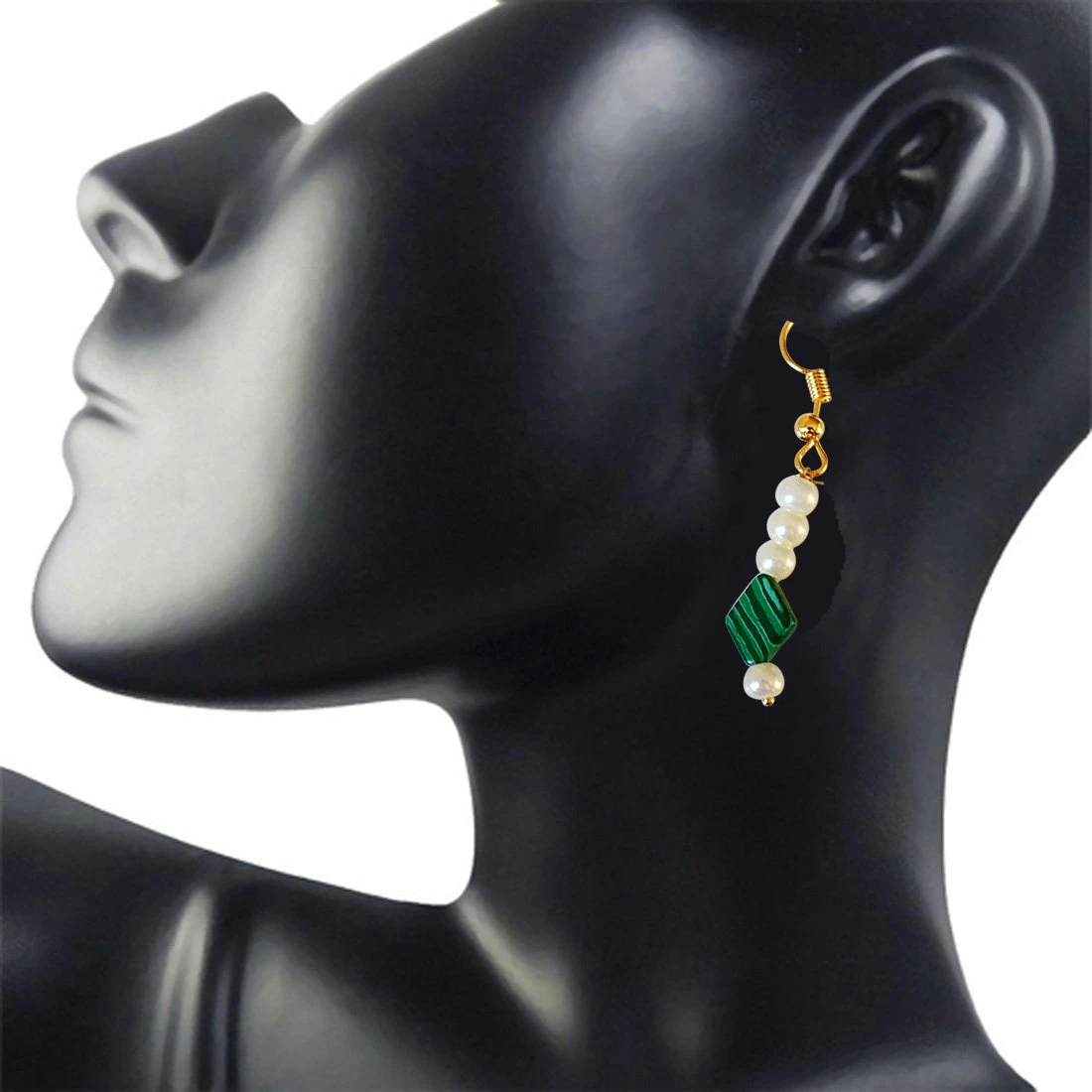 Kite Shaped Malachite and Shell Pearl Hanging Earrings (SE327)