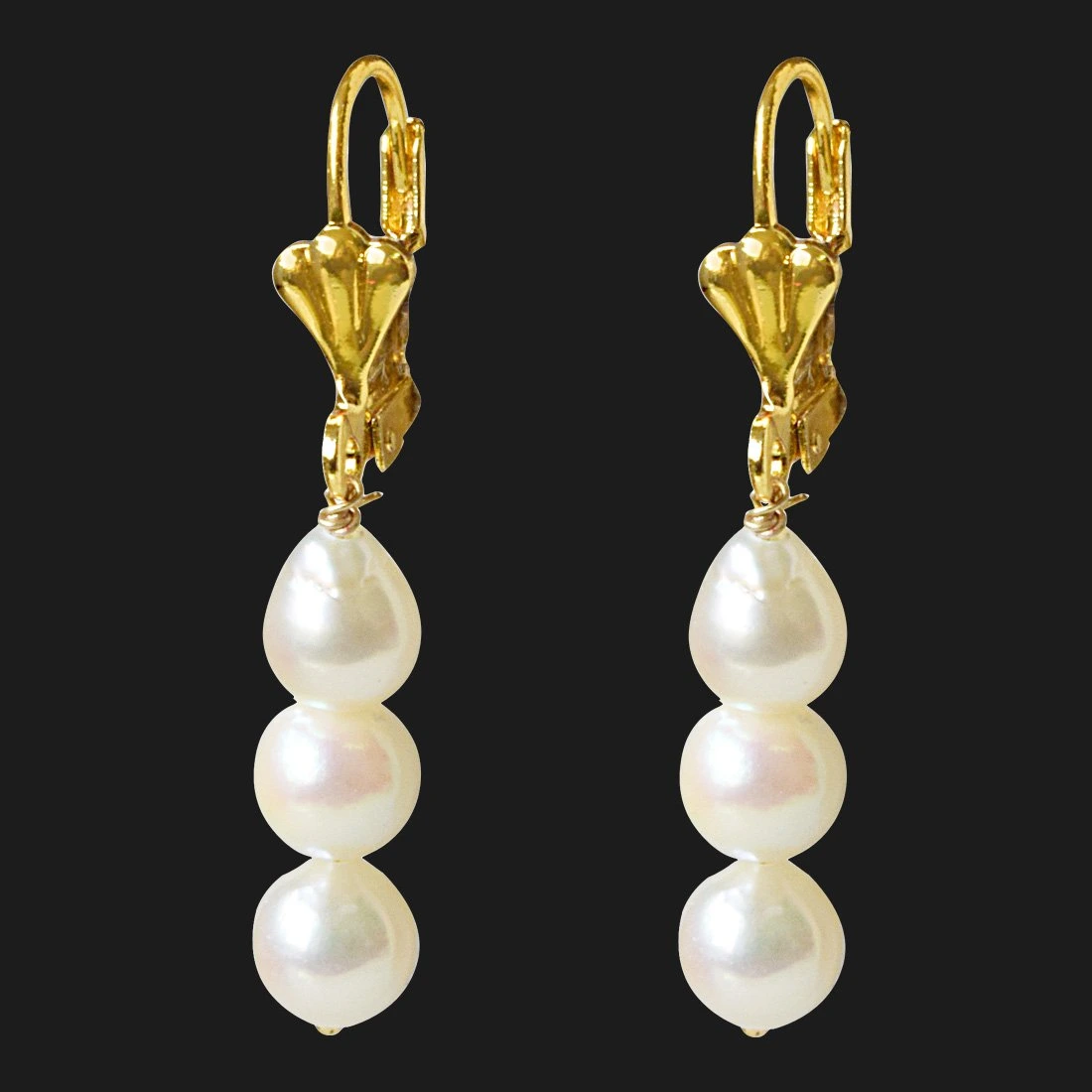 Real Natural Cultured Pearl and Flower Shaped Gold Plated Hanging Earrings for Women (SE328)