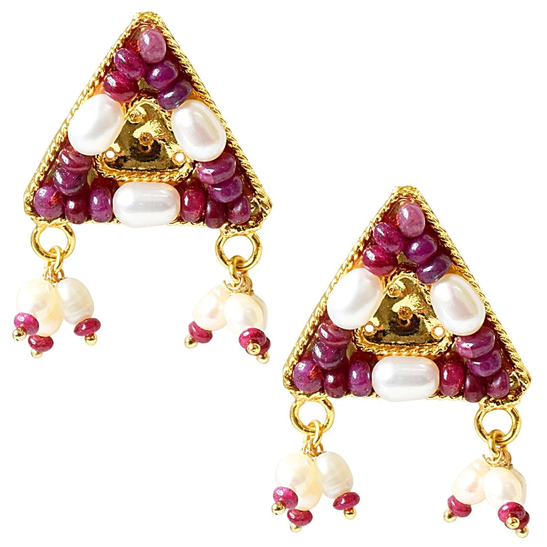 Geometrical Shaped Real Ruby Beads and Rice Pearl Gold Plated Earrings for Women (SE329)