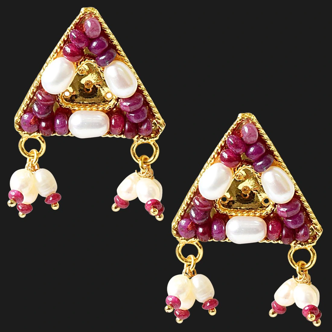 Geometrical Shaped Real Ruby Beads and Rice Pearl Gold Plated Earrings for Women (SE329)