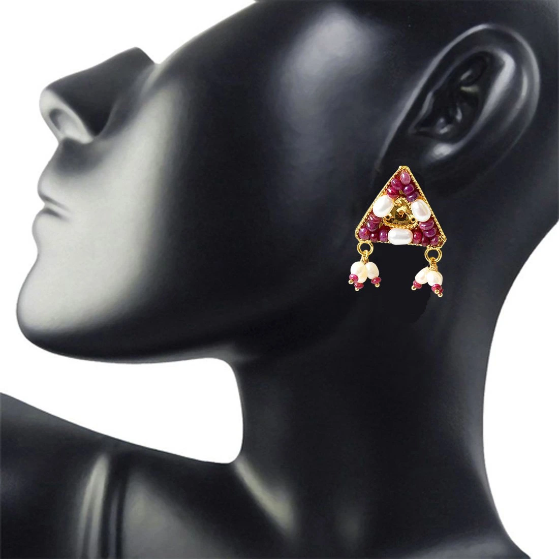 Geometrical Shaped Real Ruby Beads and Rice Pearl Gold Plated Earrings for Women (SE329)