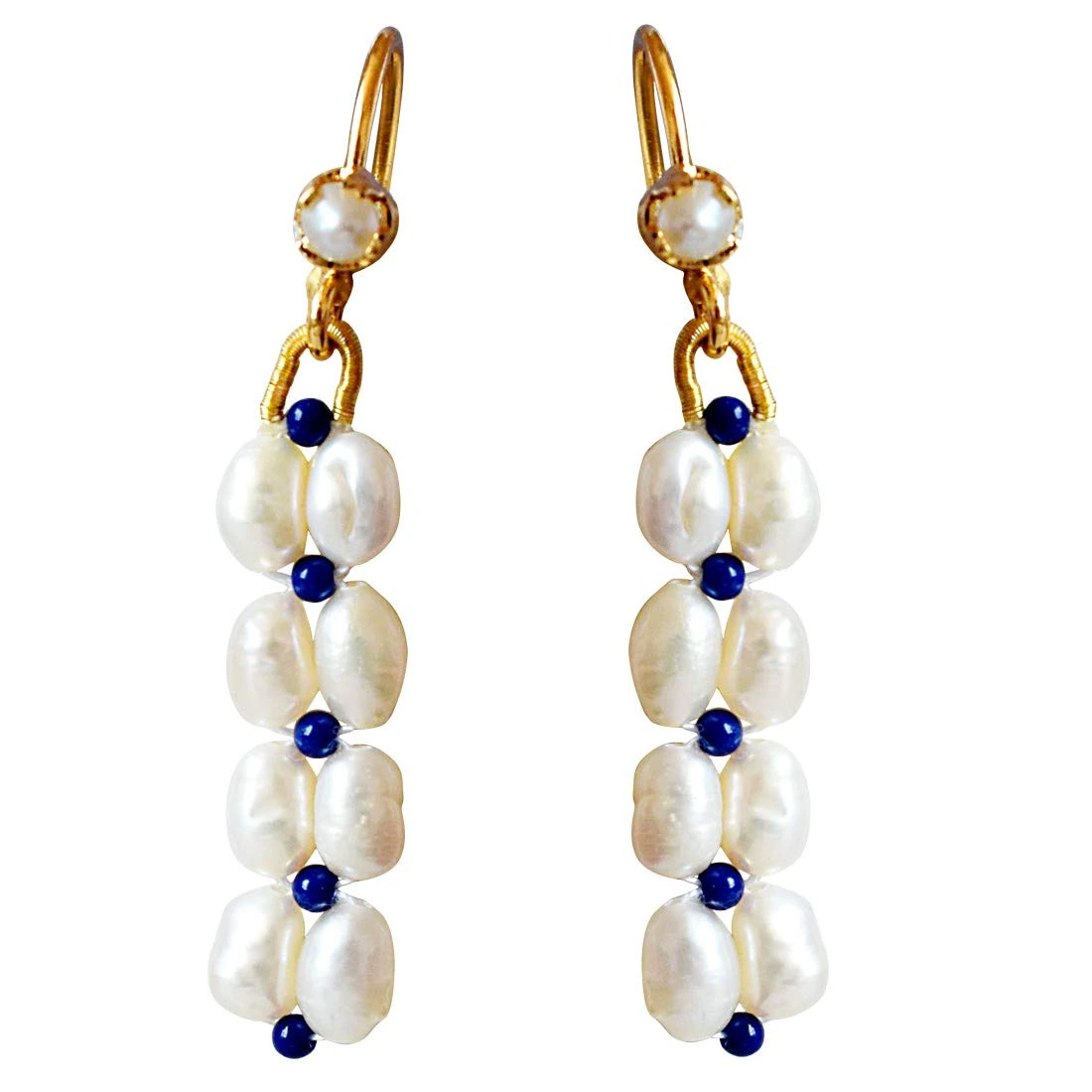 Blue Lapis Bliss - Real Rice Pearl & Blue Lapiz Beads Hanging Earrings for Women (SE33)