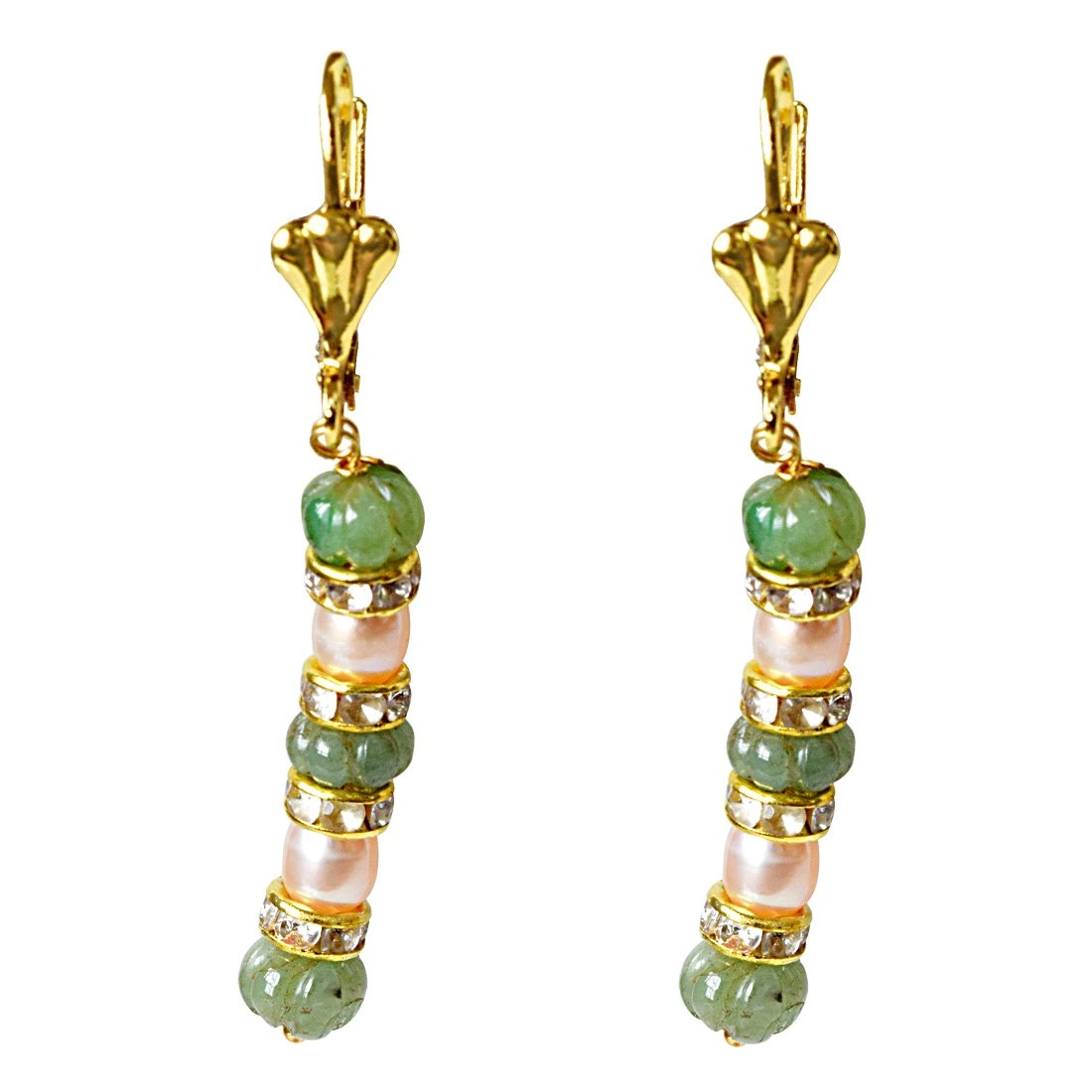 Real Green Engraved Emerald Beads and Peach Freshwater Pearl Hanging Earrings for Women (SE332)