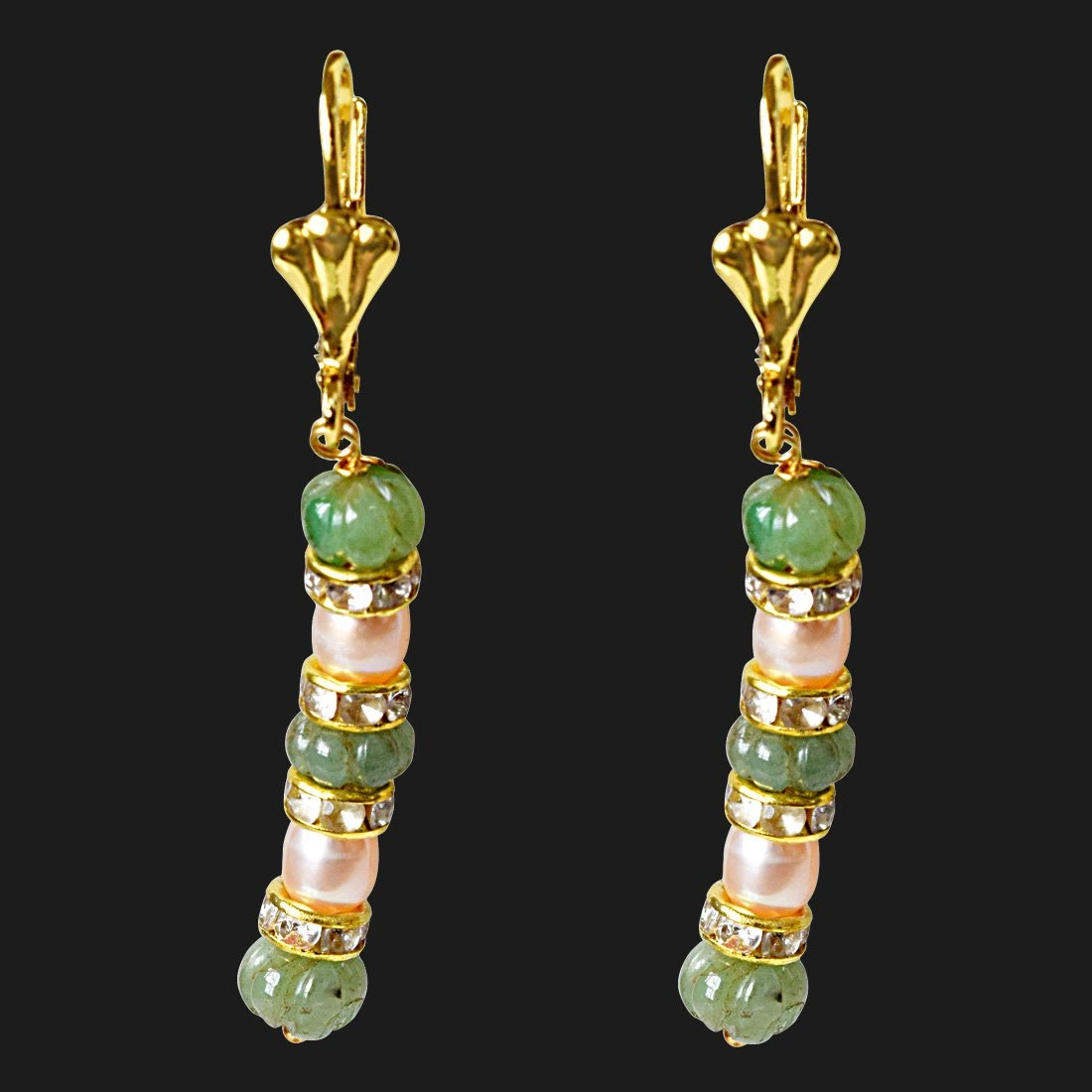 Real Green Engraved Emerald Beads and Peach Freshwater Pearl Hanging Earrings for Women (SE332)