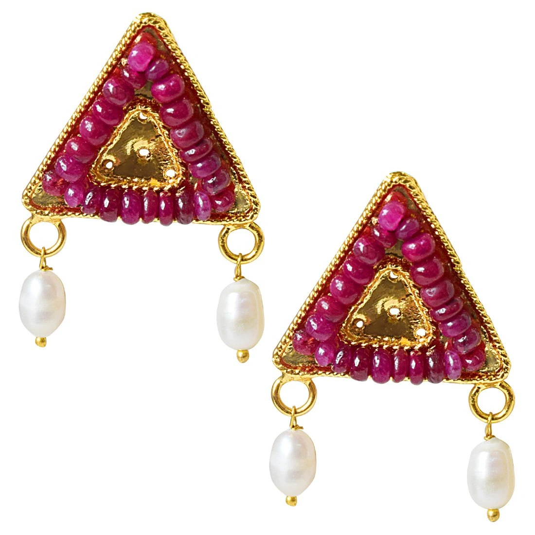 Geometrical Shaped Real Ruby Beads and Rice Pearl Gold Plated Earrings for Women (SE334)