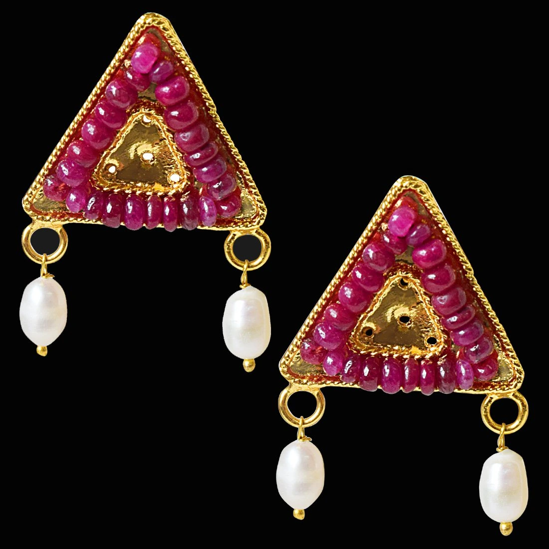 Geometrical Shaped Real Ruby Beads and Rice Pearl Gold Plated Earrings for Women (SE334)