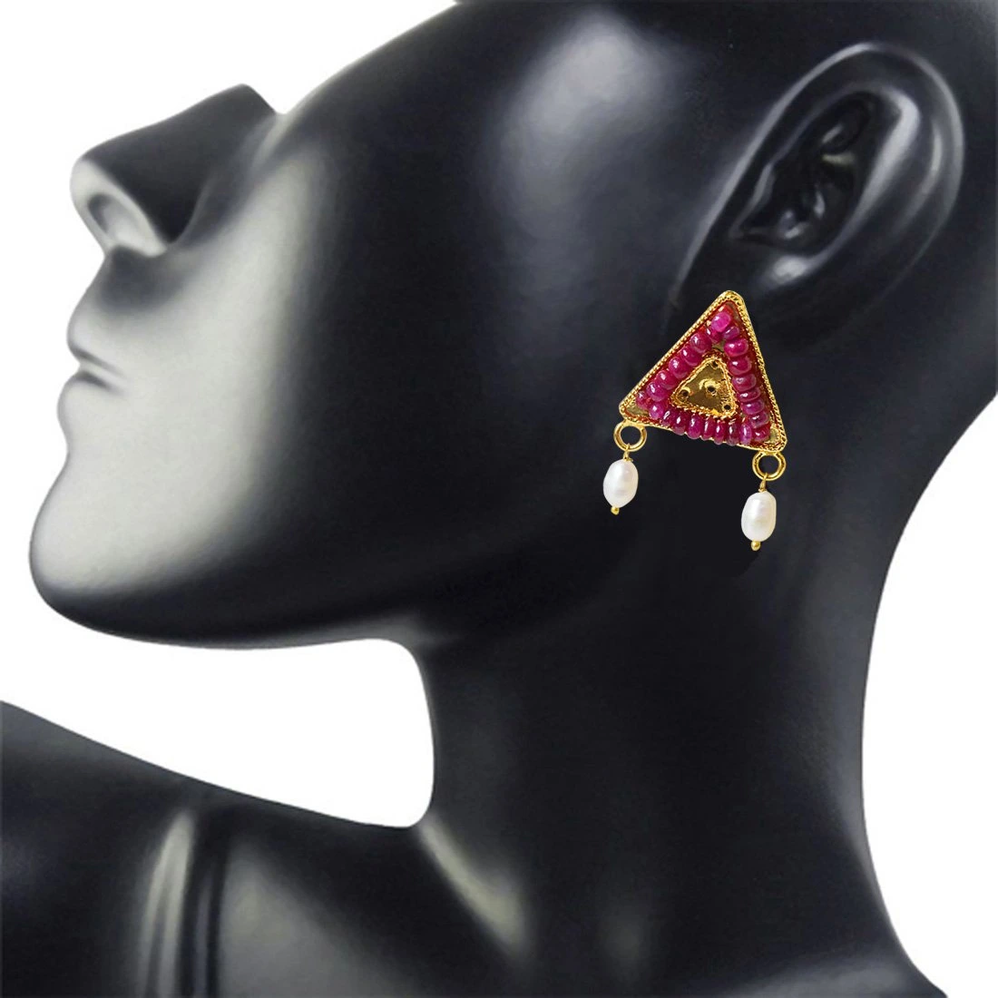 Geometrical Shaped Real Ruby Beads and Rice Pearl Gold Plated Earrings for Women (SE334)