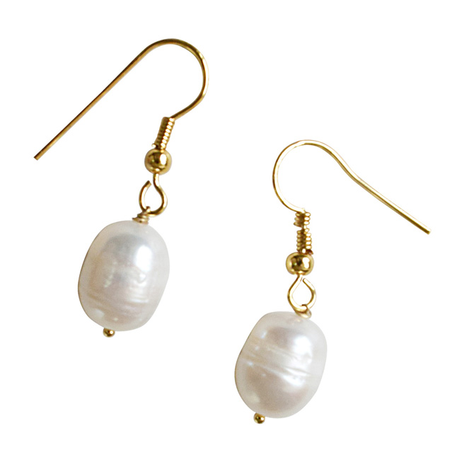 Real Elongated Freshwater Pearl & Gold Plated Wire Style Hanging Earrings (SE336)