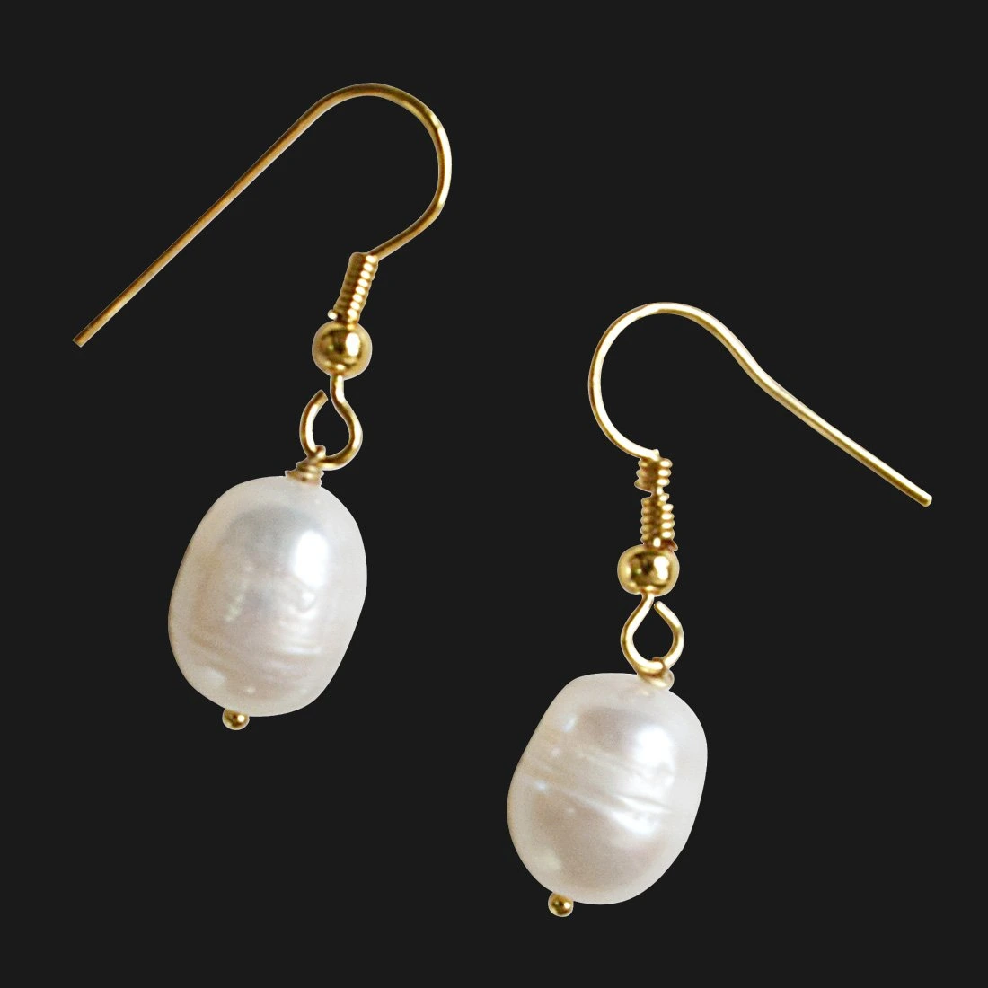 Real Elongated Freshwater Pearl & Gold Plated Wire Style Hanging Earrings (SE336)