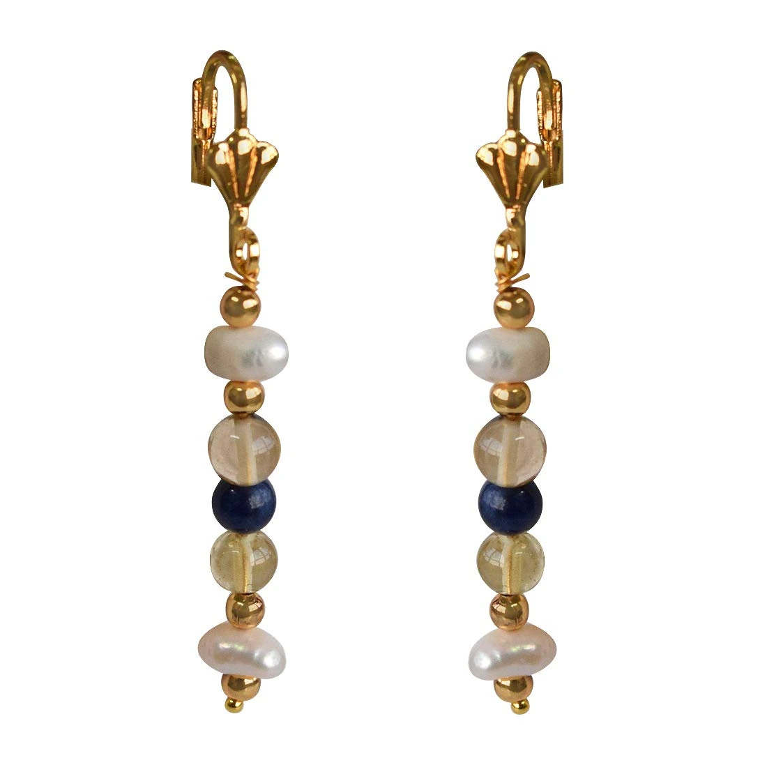 Blue Lapiz, Citrin, Natural Freshwater Pearls and Gold Plated Bead Hanging Earrings for Women (SE338)