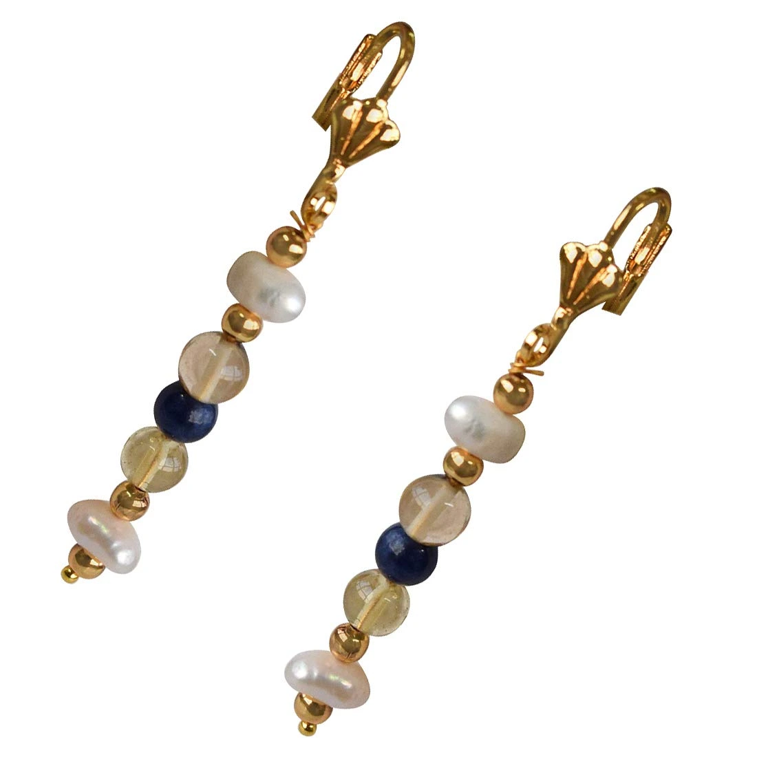 Blue Lapiz, Citrin, Natural Freshwater Pearls and Gold Plated Bead Hanging Earrings for Women (SE338)