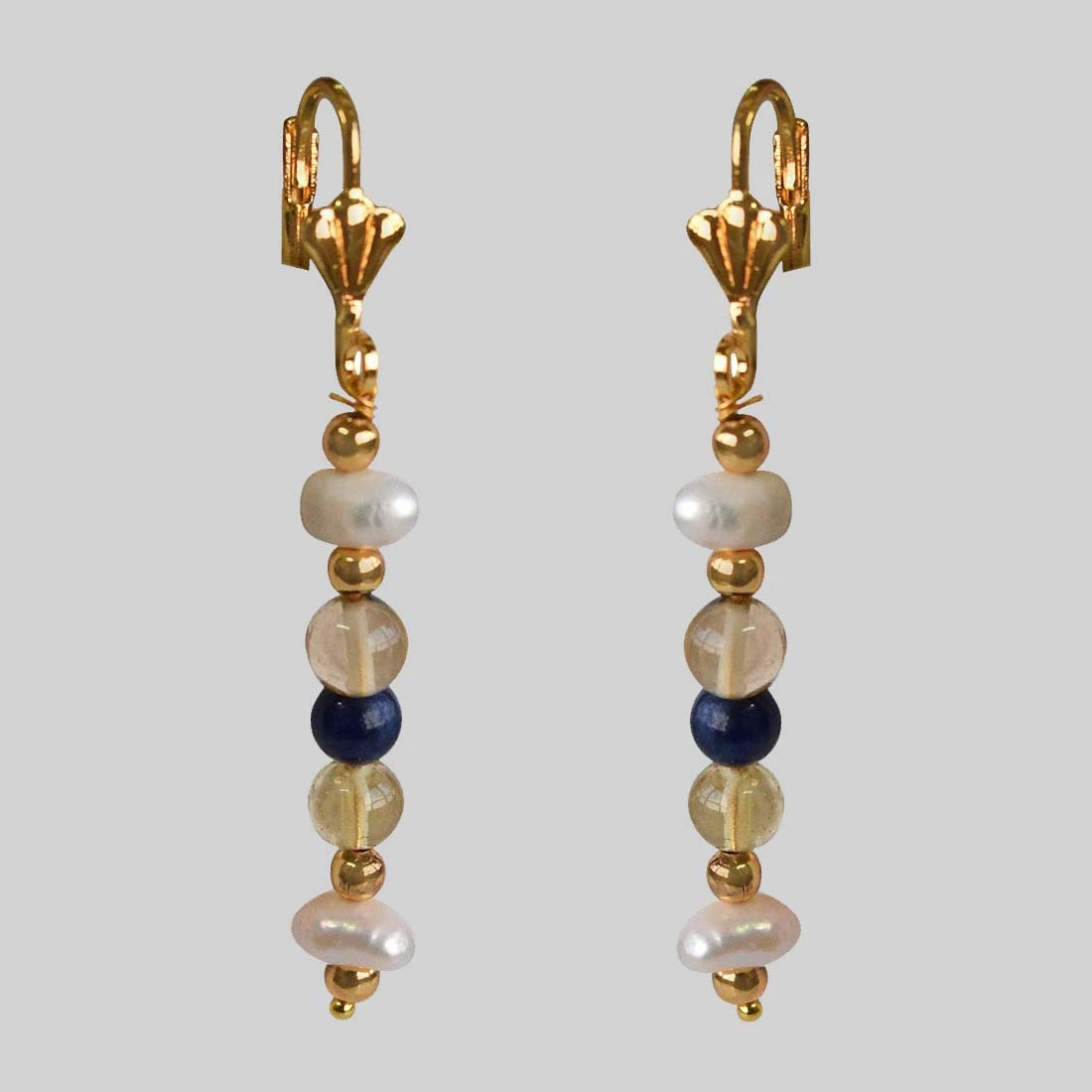 Blue Lapiz, Citrin, Natural Freshwater Pearls and Gold Plated Bead Hanging Earrings for Women (SE338)