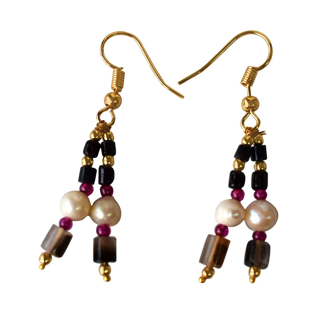 Black Onyx, Red Garnet, Gold Plated Beads and Freshwater Pearls Hanging Earrings for Women (SE339)