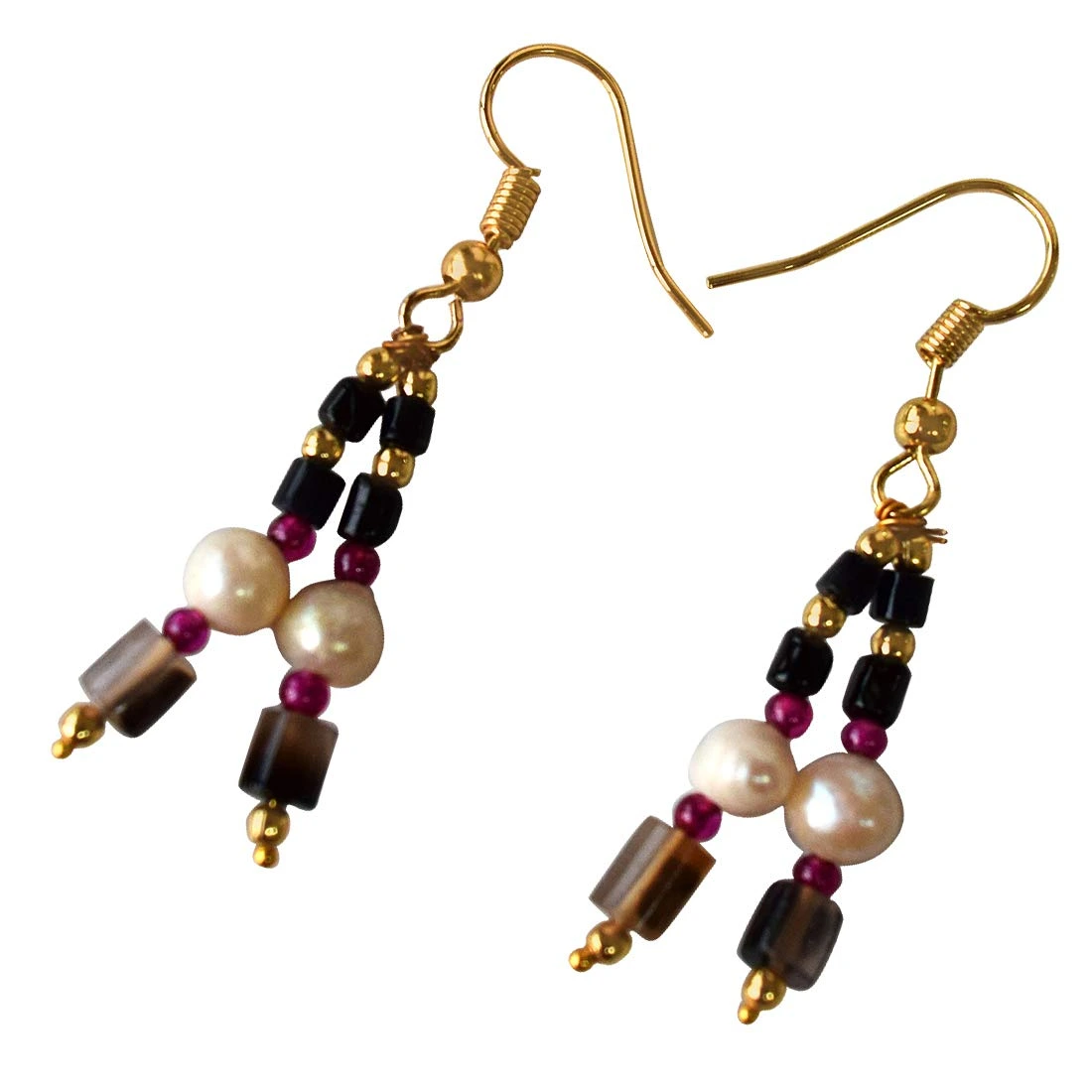 Black Onyx, Red Garnet, Gold Plated Beads and Freshwater Pearls Hanging Earrings for Women (SE339)