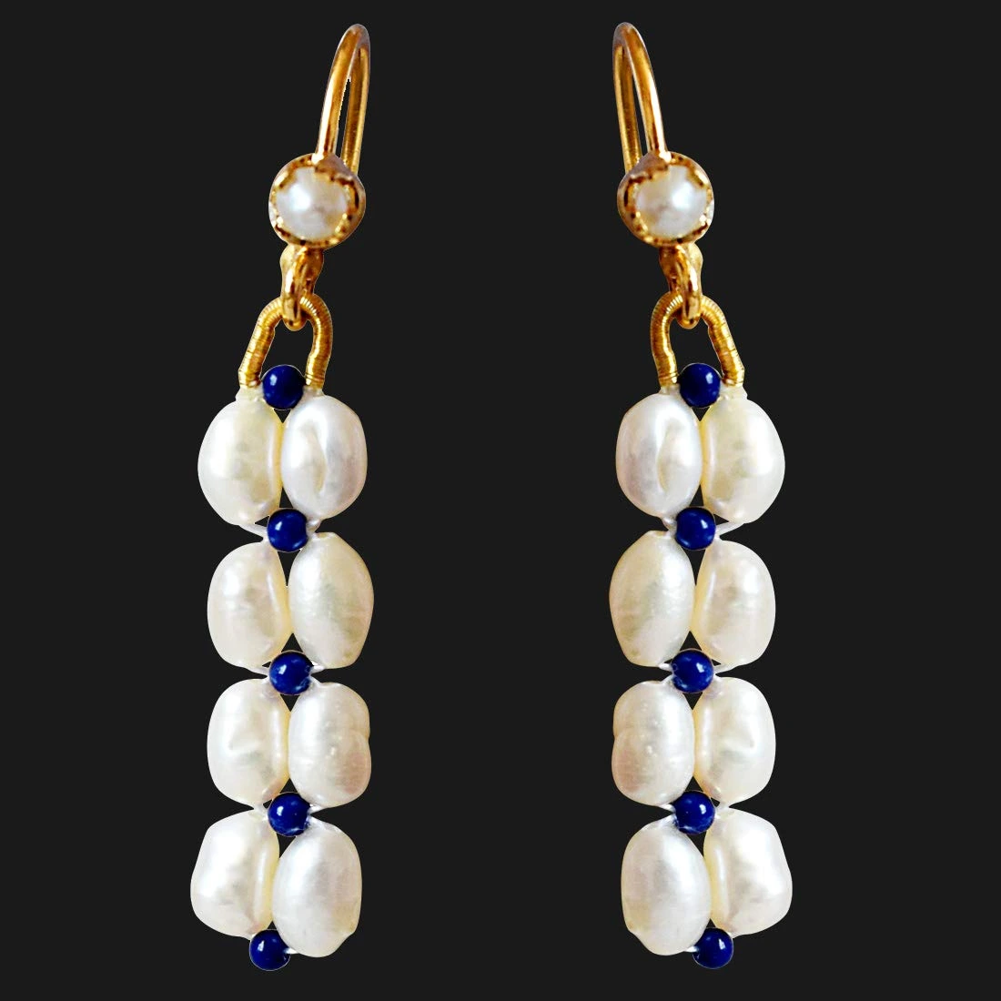 Blue Lapis Bliss - Real Rice Pearl & Blue Lapiz Beads Hanging Earrings for Women (SE33)