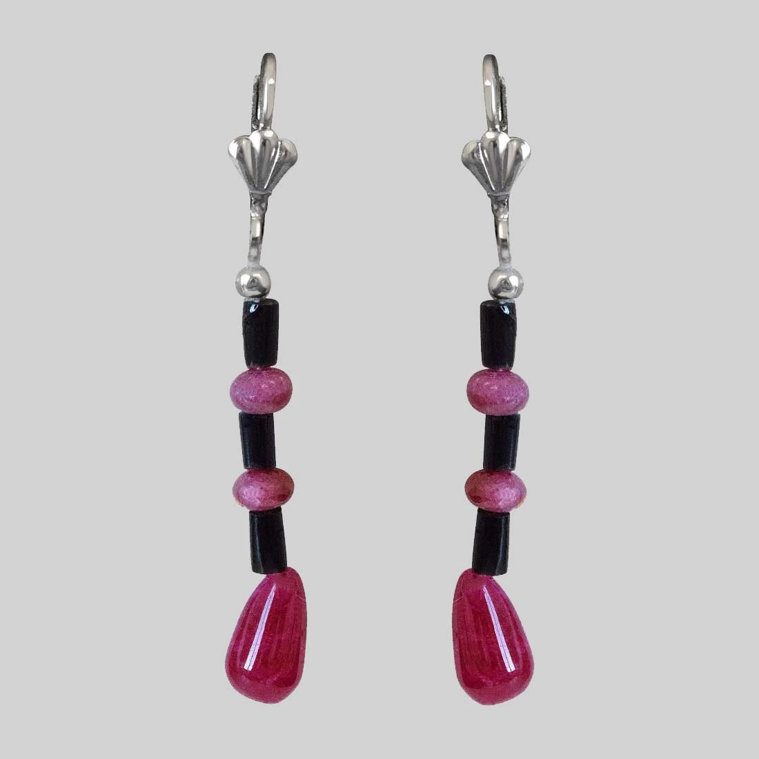 Real Red Drop & Round Ruby, Black Onyx Hanging Earrings for Women (SE342)