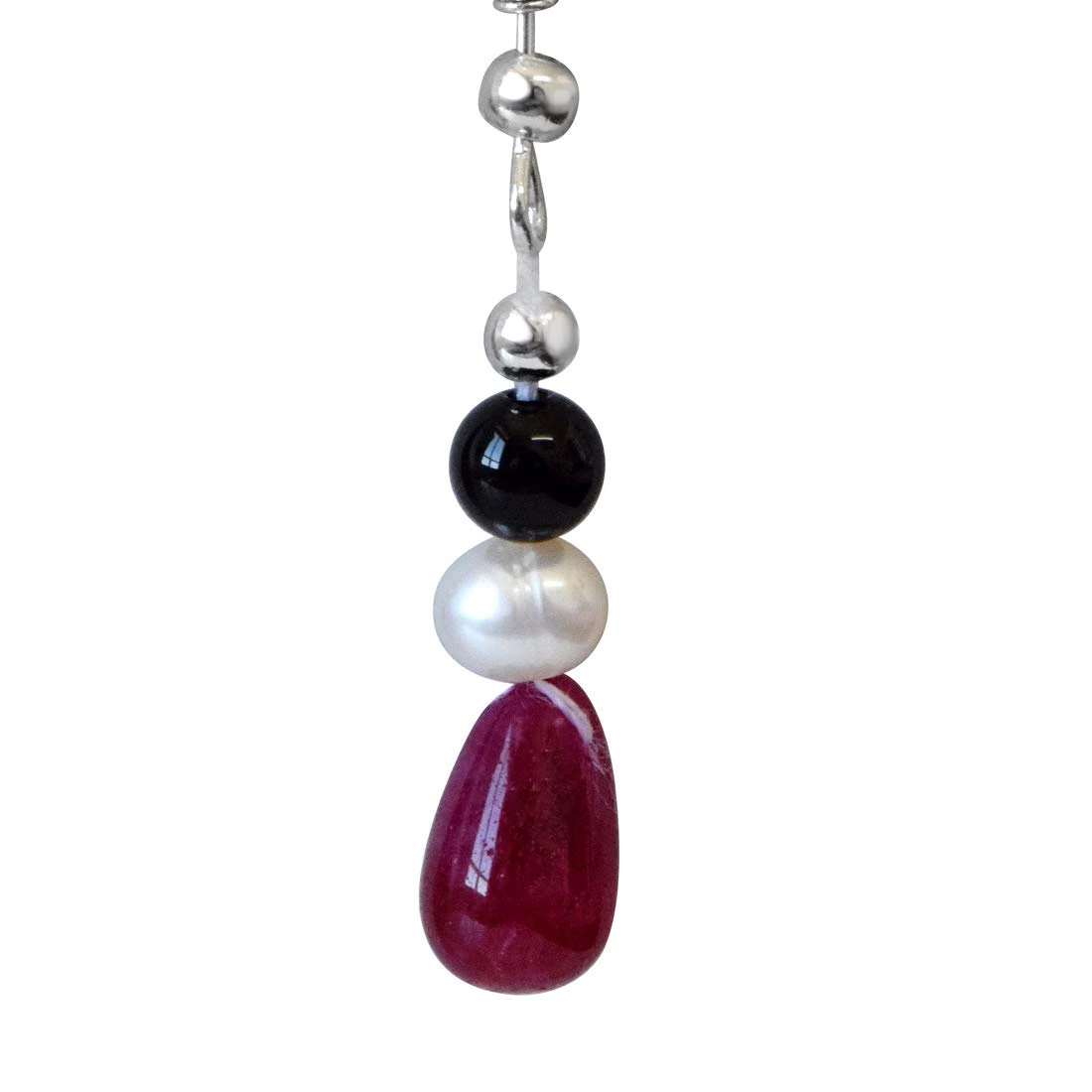 Real Red Drop Ruby, Black Onyx, Silver Plated Beads and Freshwater Pearls Hanging Earrings for Women (SE344)