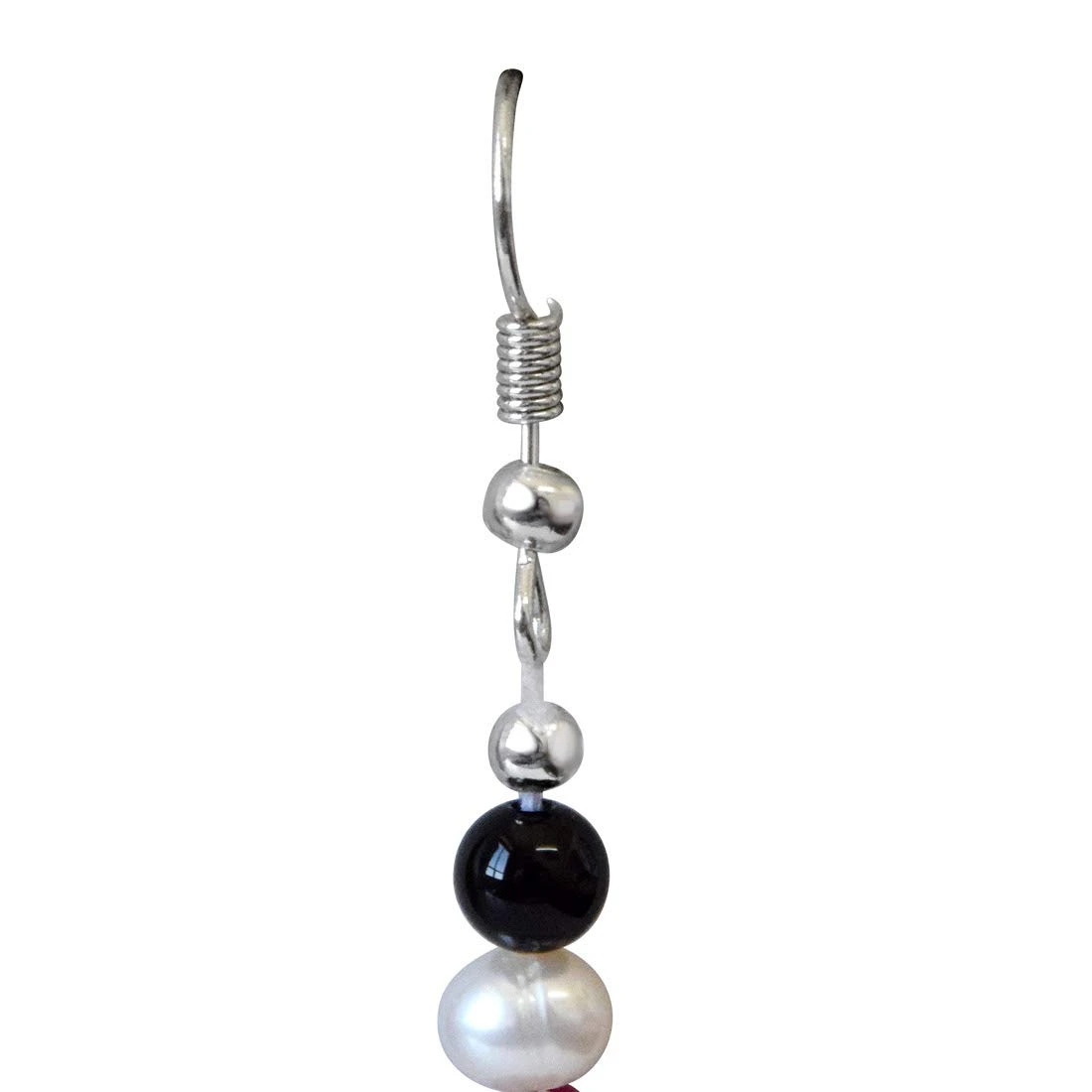 Real Red Drop Ruby, Black Onyx, Silver Plated Beads and Freshwater Pearls Hanging Earrings for Women (SE344)