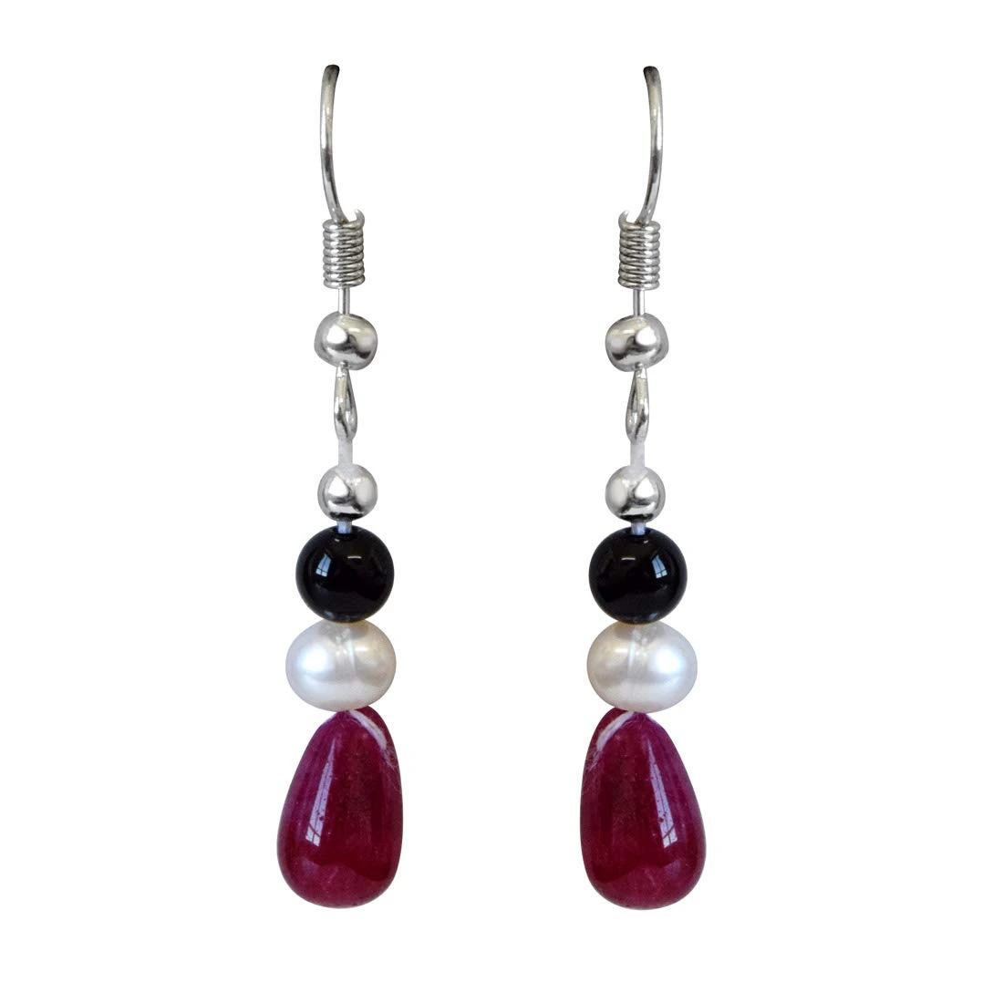 Real Red Drop Ruby, Black Onyx, Silver Plated Beads and Freshwater Pearls Hanging Earrings for Women (SE344)