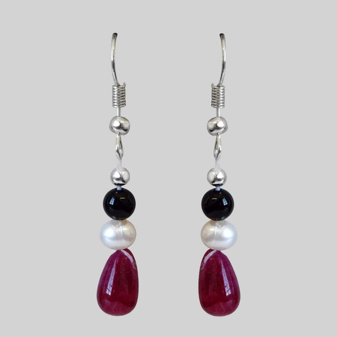 Real Red Drop Ruby, Black Onyx, Silver Plated Beads and Freshwater Pearls Hanging Earrings for Women (SE344)