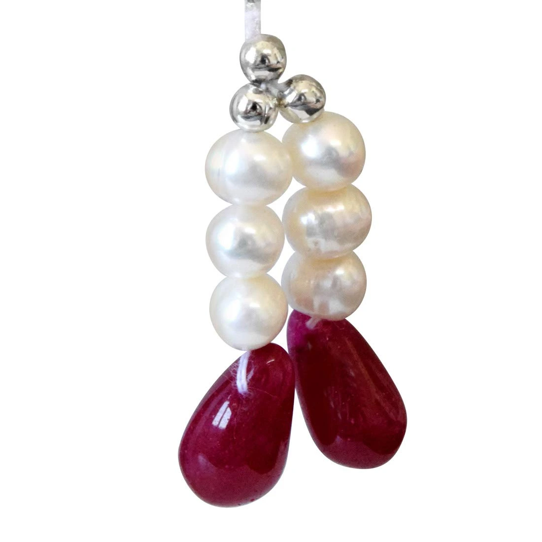 2 Lines Real Ruby Drops & Freshwater Pearl Earrings for Women (SE346)