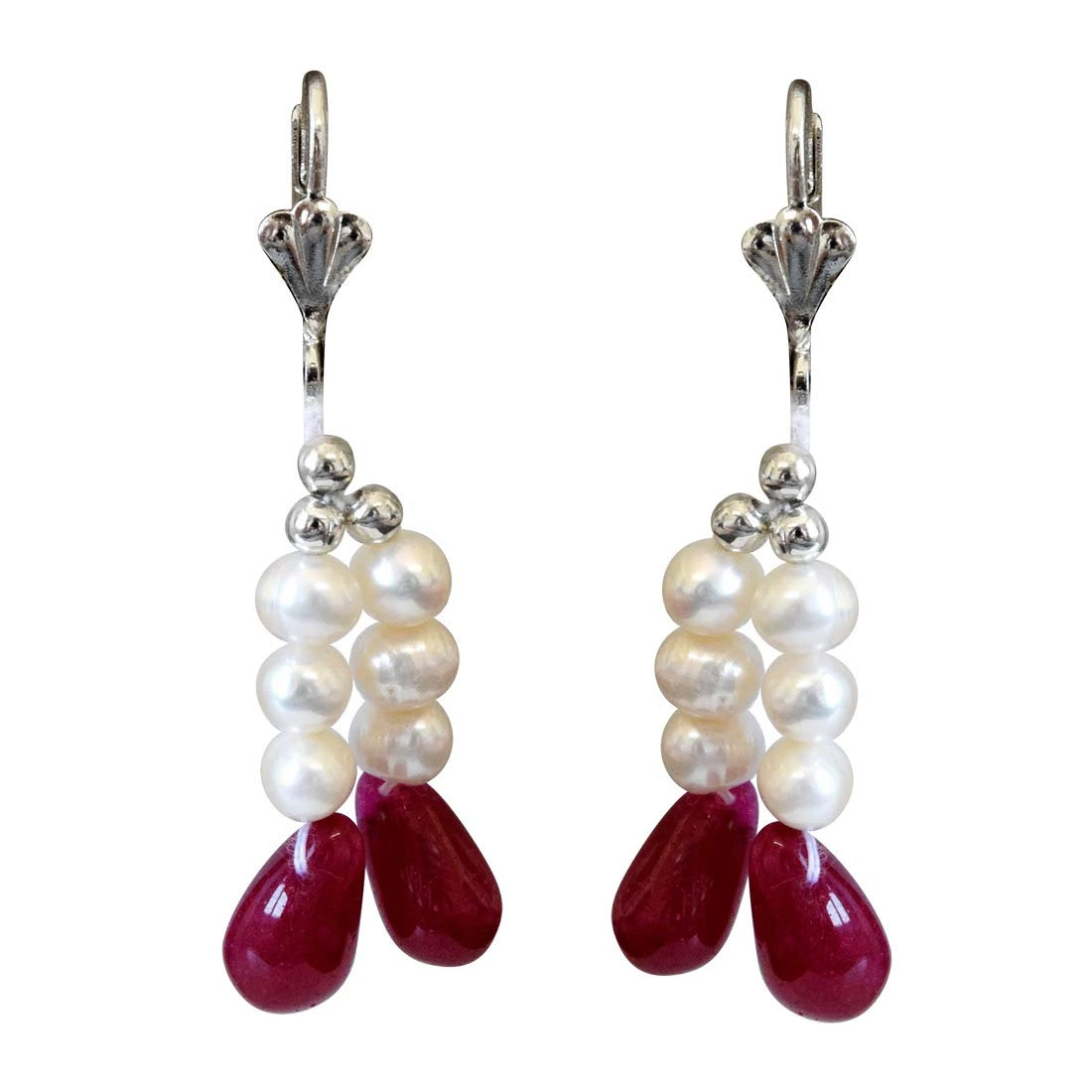 2 Lines Real Ruby Drops & Freshwater Pearl Earrings for Women (SE346)