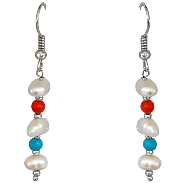 Coral, Turquoise, Freshwater Pearl & Silver Plated Beads Earring (SE347)