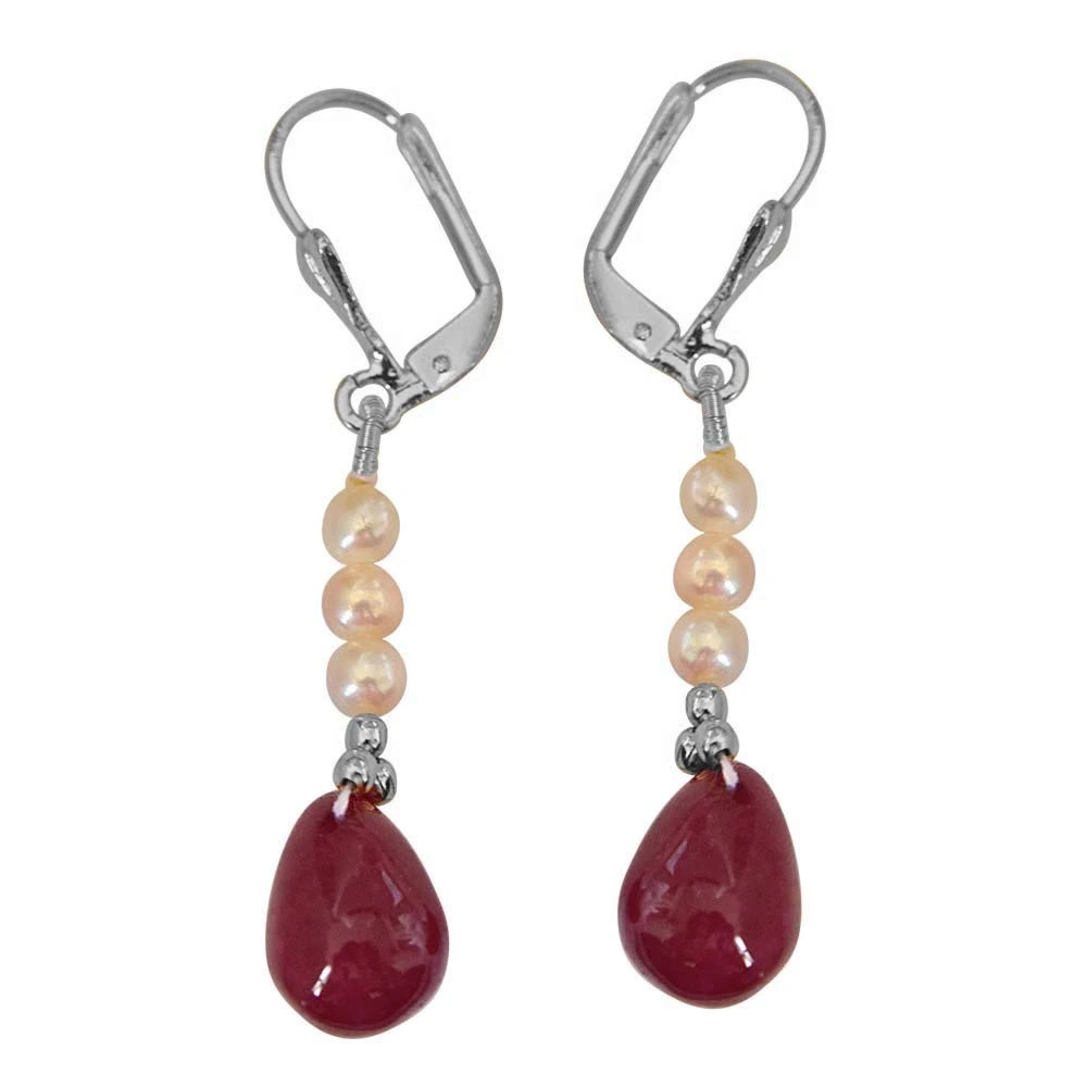 Real Ruby Drop, Freshwater Pearl & Silver Plated Beads Earrings for Women (SE349)