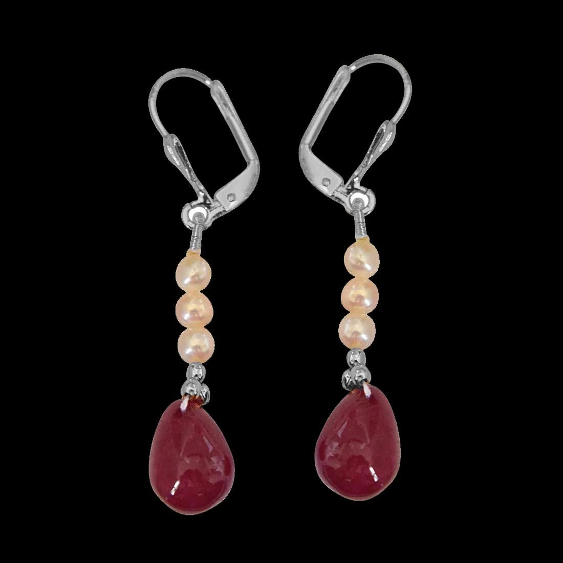Real Ruby Drop, Freshwater Pearl & Silver Plated Beads Earrings for Women (SE349)